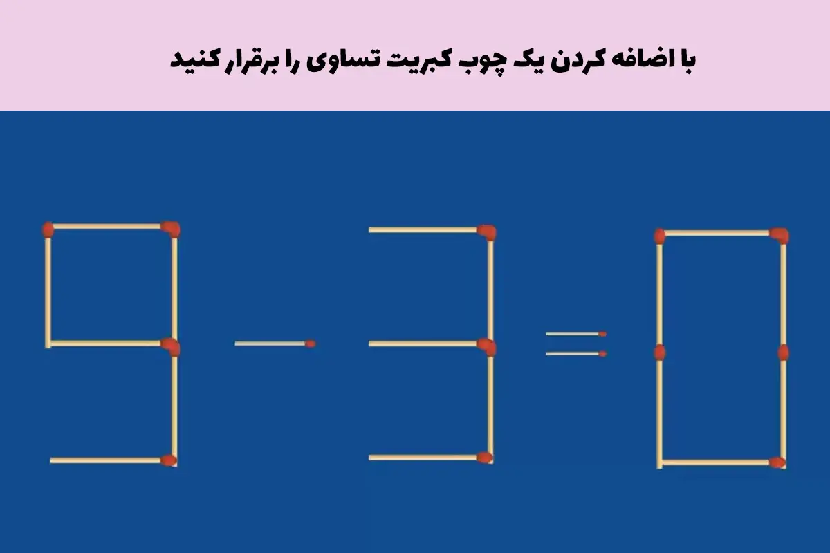 تست هوش |  با اضافه کردن یک چوب کبریت این تساوی ۰=۳-۹ را برقرار کن!