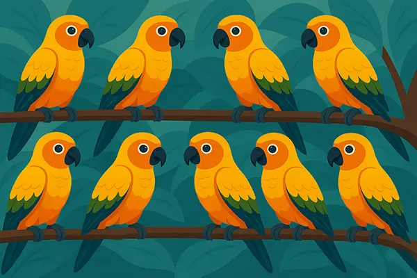 بازی فکری : طوطی خورشیدی متفاوت کدام است؟ اگر تمرکز خوبی دارید، در عرض 7 ثانیه بفهمید!