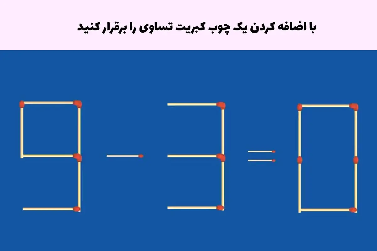 تست هوش |  با اضافه کردن یک چوب کبریت این تساوی ۰=۳-۹ را برقرار کن!